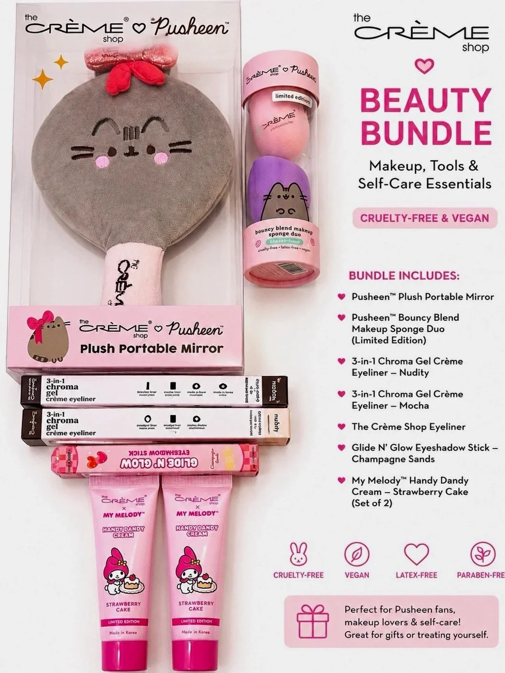 10 Pieces Crème Pusheen My Melody Beauty Bundle Mirror Makeup Sponge Eyeliner